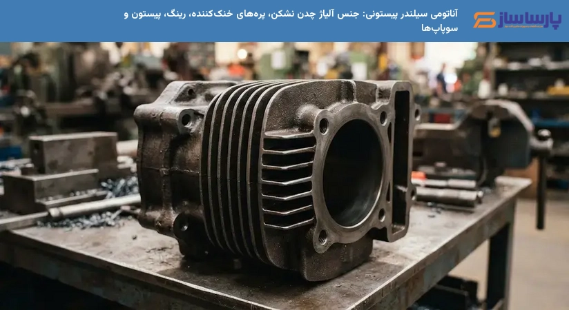 آناتومی سیلندر پیستونی: جنس آلیاژ چدن نشکن، پره‌های خنک‌کننده، رینگ، پیستون و سوپاپ‌ها